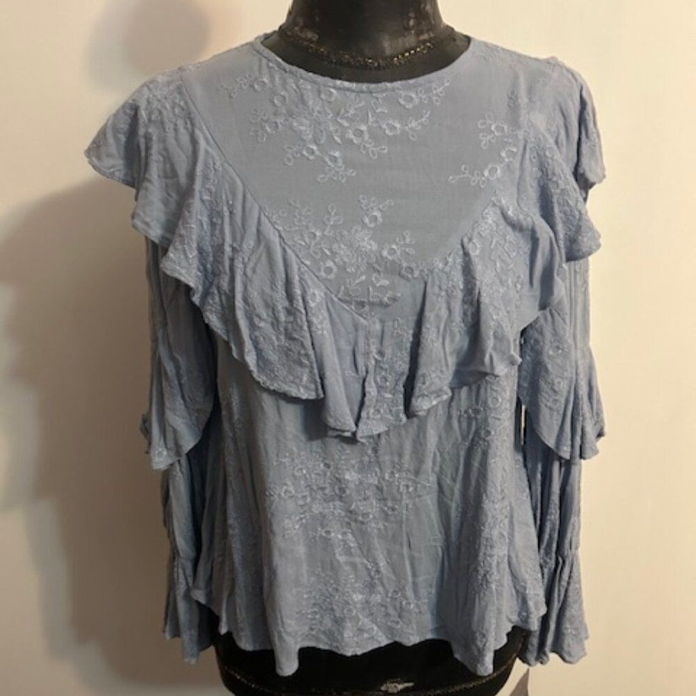Everleigh Blue Bohemian Style ruffle & embroidered top, size S